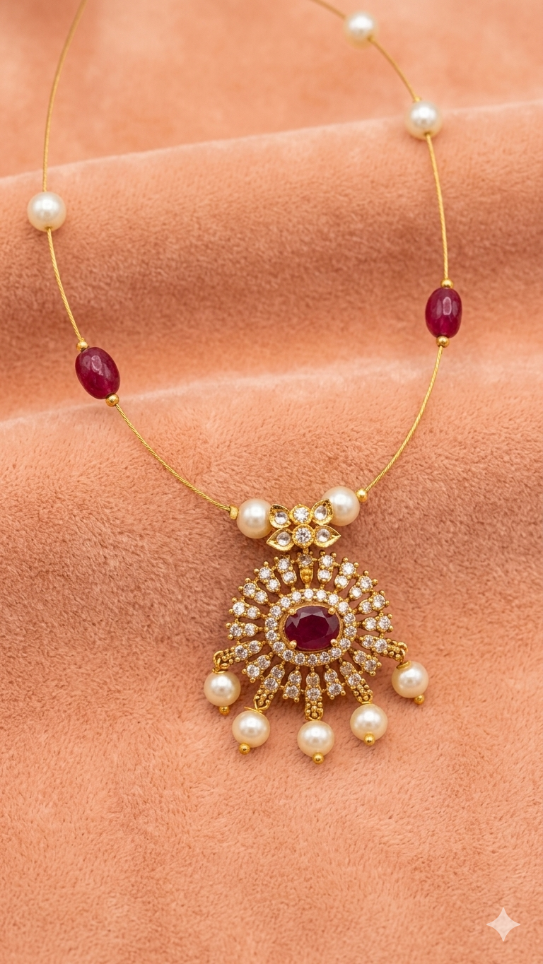 Royal Ruby Sunburst Pearl Pendant Necklace